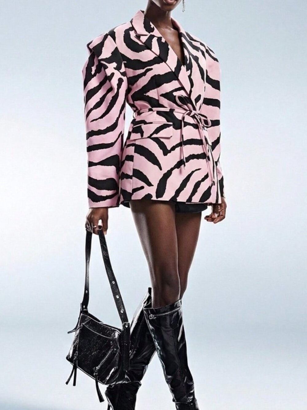 Multicolor Elegant Women's Zebra Print Wide Shoulder Cinched Waist Blazer - Picture 7 of 8